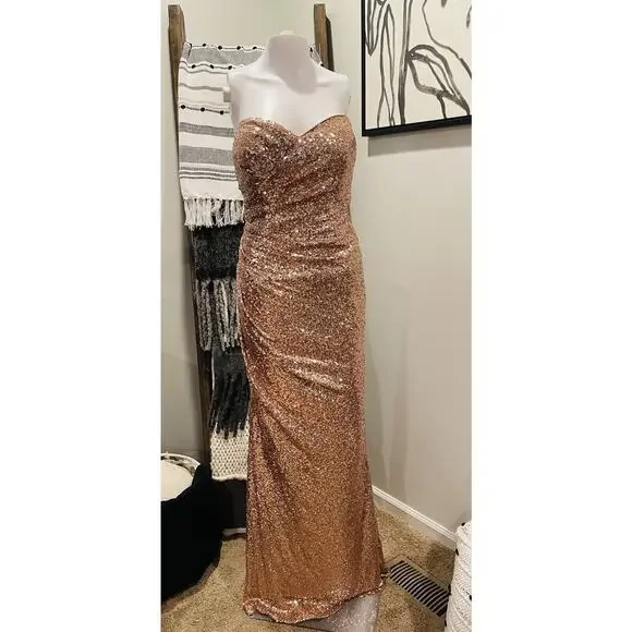 rose gold sequin strapless dress Rose Gold Printed Maxi Dress with Criss Cross Back main image 1